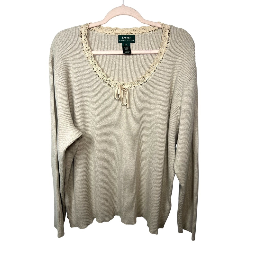 Lauren Ralph Lauren Coquette Cotton Sweater Beige Crochet Trim Ribbed Top 3X